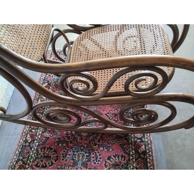 American Vintage Thonet Style Bentwood Cane Rocking Chair With Scrollwork For Sale - Image 3 of 14