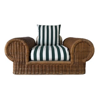 1970s Vintage Coastal Organic - Rattan Armchair With Rolled Arms & Striped Cushions For Sale