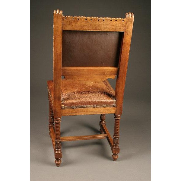 19th Century Set of 12 Antique Italian Renaissance Style Hand-Carved Walnut Dining Chairs With Embossed Leather, Circa 1890 For Sale - Image 5 of 5