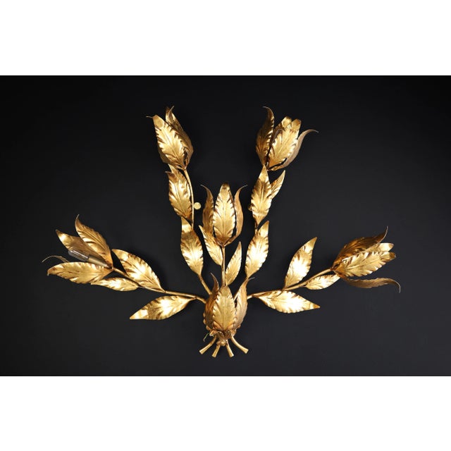 Vintage German Gilded Metal Floral Leaf Monumental Wall Sconce by Hans Kögl, 1970s For Sale - Image 4 of 11