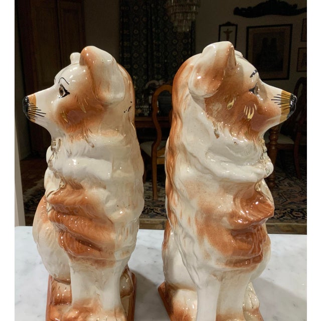 Ceramic 19th Century Antique Pair Bo’Ness Wally Spaniel Mantel Dogs - Staffordshire Style Scottish Pottery W/Glass Eyes & Gilt Details - 12.5” See Pics! For Sale - Image 7 of 12