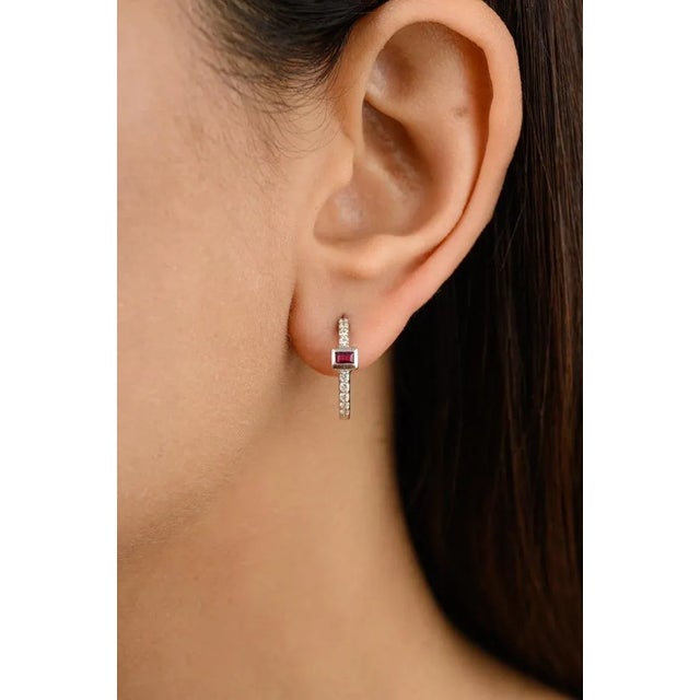 Tiny Baguette Ruby and Diamond Hoop Earrings for Her in 14K Gold to make a statement with your look. You shall need hoop...