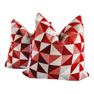 Red & Gray Geometric Cut Velvet Trow Pillows-A Pair For Sale