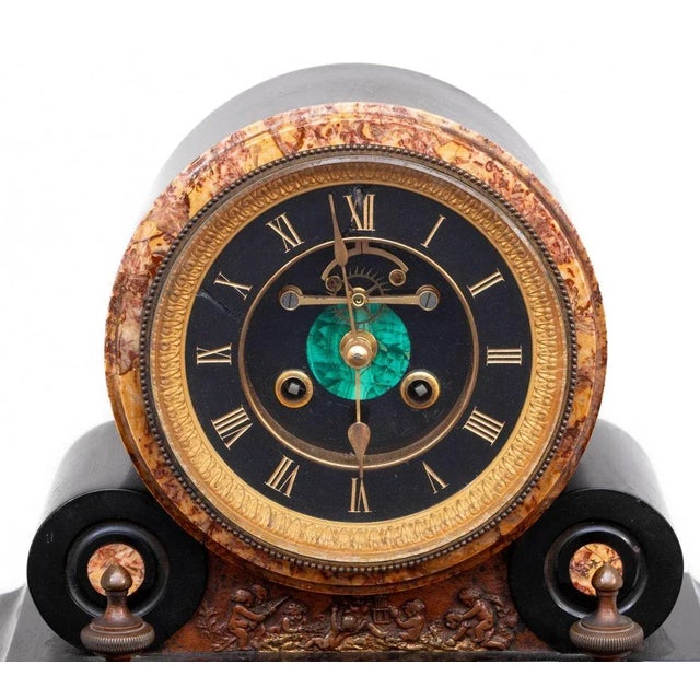 French Patinated Metal Marble and Black Slate Mercury Compensated Mantel Clock, late 19th century, the circular dial with...