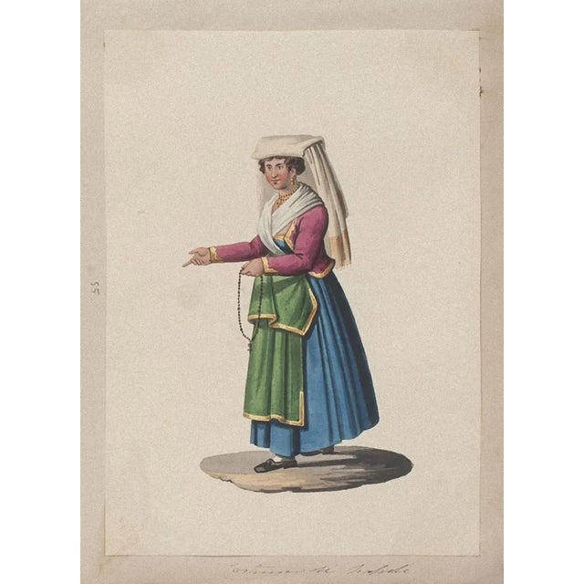 Michela De Vito, Costume of Naples, Original Gouache, 19th Century For Sale