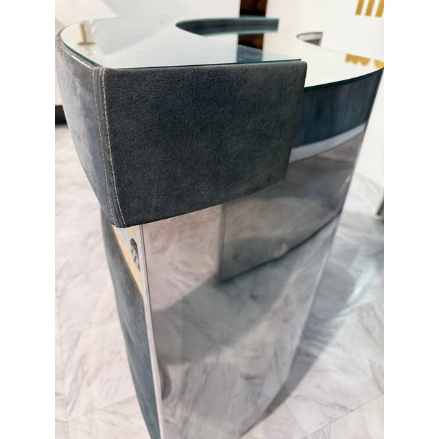 1970s Mid-Century Modern Attributed to Willy Rizzo Bar Cabinet in Blue Suede, Brass & Chrome For Sale - Image 12 of 13