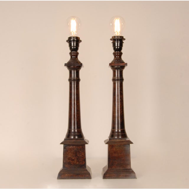 Vintage French Traditional Tablelamps Empire Style Cast Iron Bronze Beige Linen Shade - A Pair For Sale - Image 6 of 11