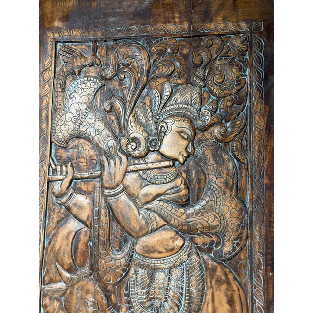 Krishna Carved Wall Panel Barn Door Brown Reclaimed Wood Home Wall Art 84x41 For Sale In Orlando - Image 6 of 7