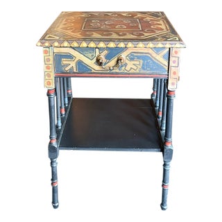 Rare Folk Art Side Table With Hand Painted Geometric Designs For Sale