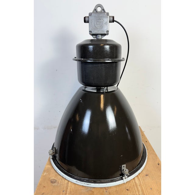 Large Industrial Black Enamel Lamp with Clear Glass Cover from Elektrosvit, 1960s For Sale - Image 13 of 18