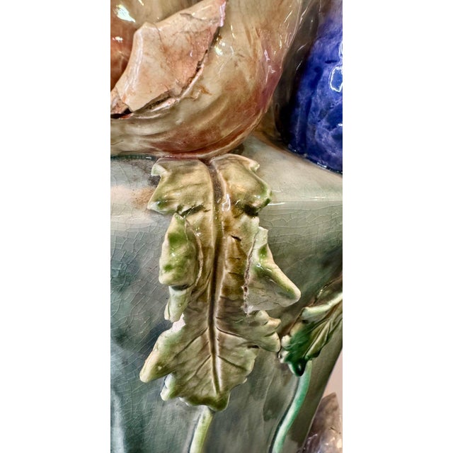 Impressive Statement! Antique Art Deco Faience Majolica Vase Decorated With Sculpted Delicate Flowers For Sale - Image 13 of 16