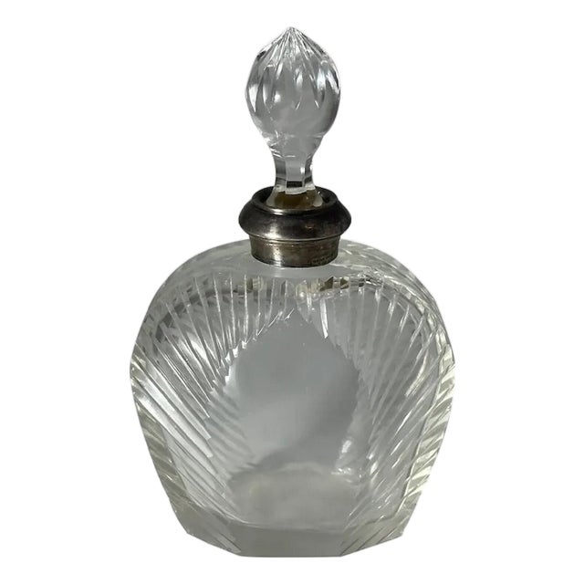 Sterling Silver Cut Crystal Perfume Bottle: Acorn Stopper, Ribbed Design For Sale