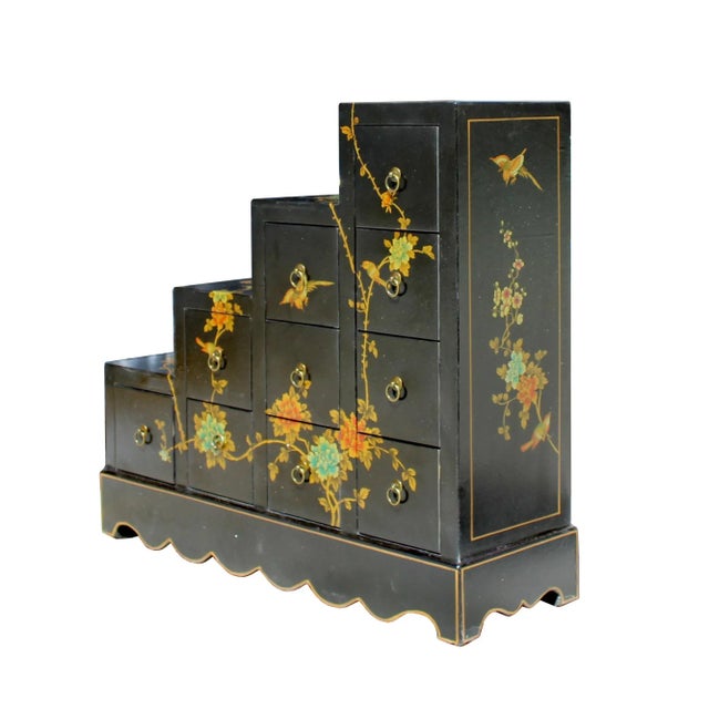 2020s Oriental Black Color Vinyl Flower Birds Step Tansu Cabinet For Sale - Image 5 of 8