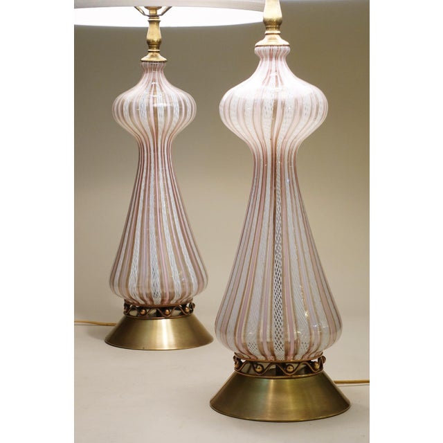 Murano 1960 Large White & Pink Barovier Toso Murano Italy Latticino Blown Art Glass Brass Table Lamps - a Pair For Sale - Image 4 of 13