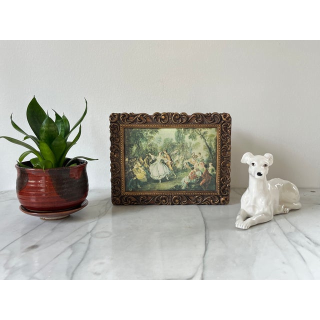 Vintage gilded wood jewelry/keepsake music box with scene of courting lovers. No makers mark. Minor age wear. Music is in...