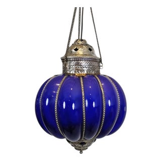 Vintage Indian Blue Glass Pumpkin Pendant Light For Sale