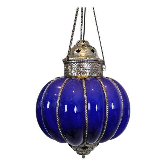 Vintage Indian Blue Glass Pumpkin Pendant Light For Sale