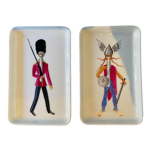 Guy Thirion Limoges Trays of a Viking and British Royal Guardsman - A Pair For Sale