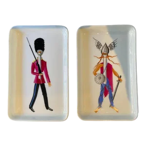 Guy Thirion Limoges Trays of a Viking and British Royal Guardsman - A Pair