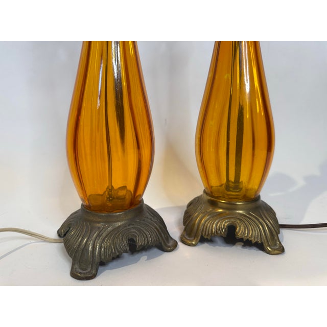 Vintage Mid-Century Modern Amber Murano Style Swirl Glass Table Lamps - a Pair For Sale In Portland, ME - Image 6 of 8