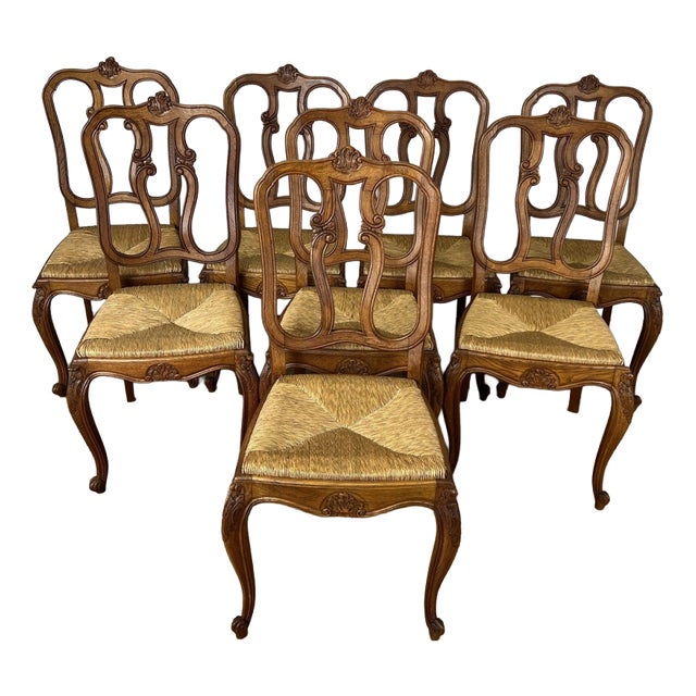 Vintage French Dining Chairs in Oak, Set of 8 For Sale