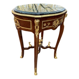 1960s French Louis XVI Mahogany Green Marble Side Center Table For Sale