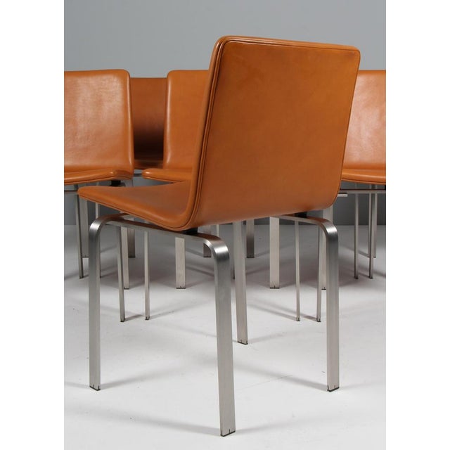 Tan Dining Chairs in Tan Leather and Stainless Steel by Jørgen Høj for PP Møbler, 2010s, Set of 8 For Sale - Image 8 of 10