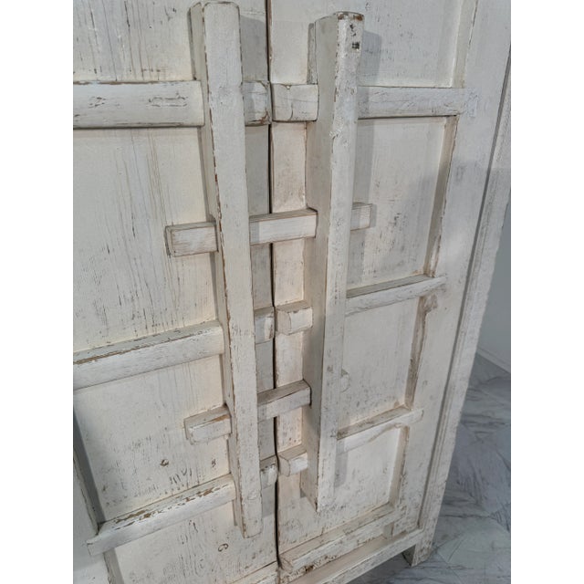 1960s Set of 2 Rustic Whitewashed Wooden Armoire With Geometric Relief Doors For Sale - Image 9 of 10