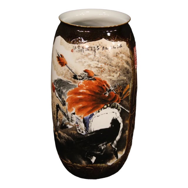 Chinese Painted Ceramic Vase with Warrior on Horseback, 2000s For Sale