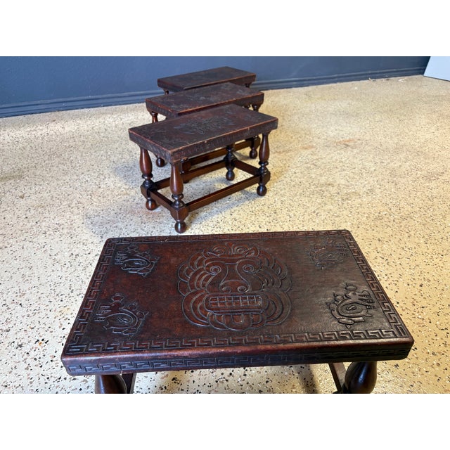 1910s Antique Tooled Leather Top Stools / Tables For Sale - Image 5 of 17