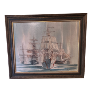 20 Th Century Oil on Canvas American School Framed Signed Sailing Ships