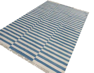 Handmade Cotton Striped Rug, Washed Blue And White 6'x9'
