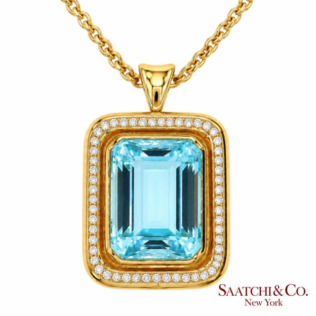 Contemporary Gia 60 Ct Aquamarine and 4 Ct Diamond 18k Yellow Gold Convertible Pendant Brooch For Sale - Image 3 of 17