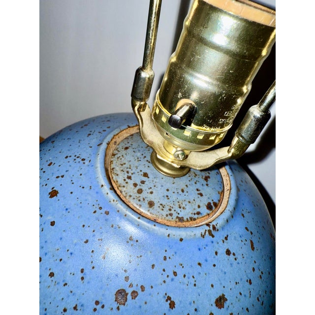 Signed Robin’s Egg Glaze Finish Bulbous Turned Studio Pottery Ceramic Lamp For Sale - Image 4 of 9