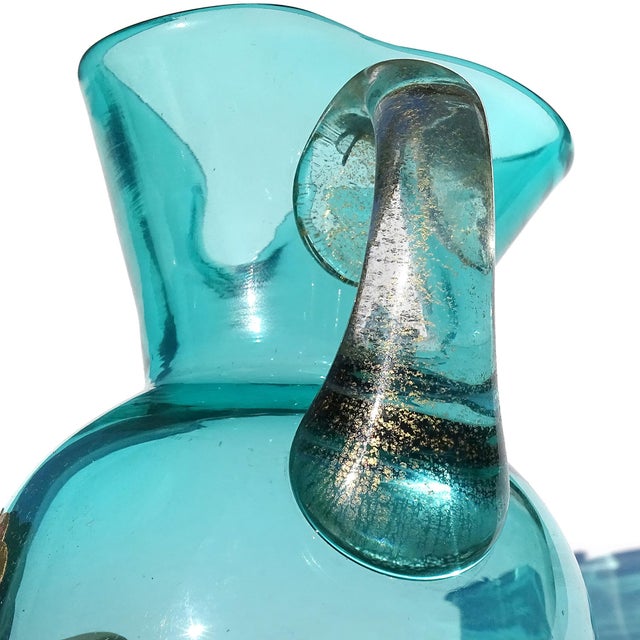 Mid 20th Century Barbini Murano Label Vintage Aqua Blue Gold Fleck Handle Italian Art Glass Pitcher Flower Vase For Sale - Image 5 of 5