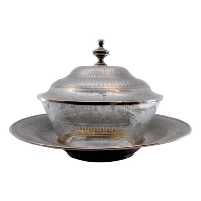 Silver and Glass Candy Box with Lid and Plate, Set of 2 For Sale