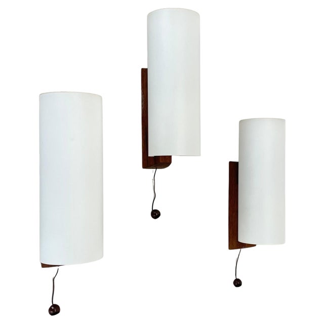 Vintage Satin White Glass and Teak Wall Lights, 1960s, Set of 2 For Sale