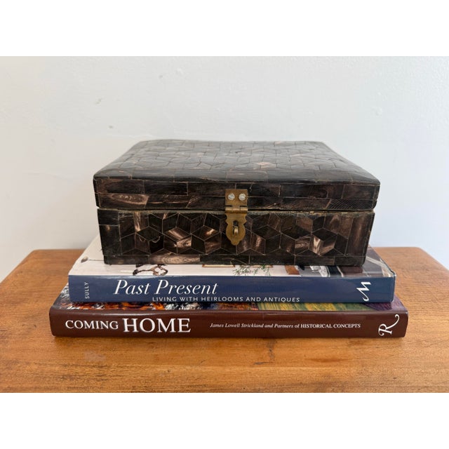 Late 20th Century black tessellated bone box, after Maitland-Smith. Inside is lined with brass. Please see condition...