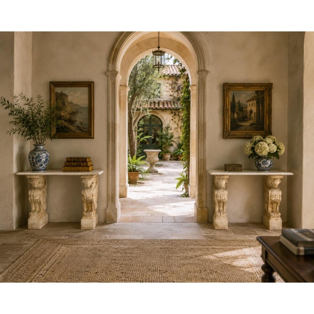 An extraordinary pair of neoclassical console tables featuring sculptural winged mythological figures supporting...