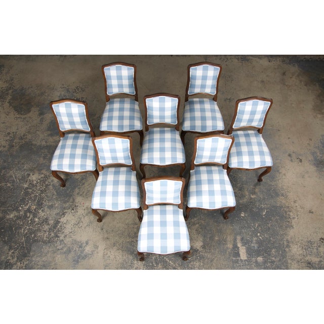 French Provincial 19th Century French Louis XV Style Walnut Dining Chairs in Light Blue Plaid - Set of 8 For Sale - Image 3 of 12