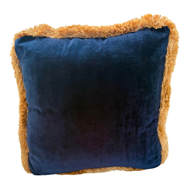Navy Velvet Throw Pillow With Gold Fringe - 20x20 For Sale