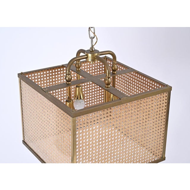 Vienna Straw Wicker, Glass Square & Brass Chandelier Lamp, Italy, 1950s For Sale - Image 14 of 17