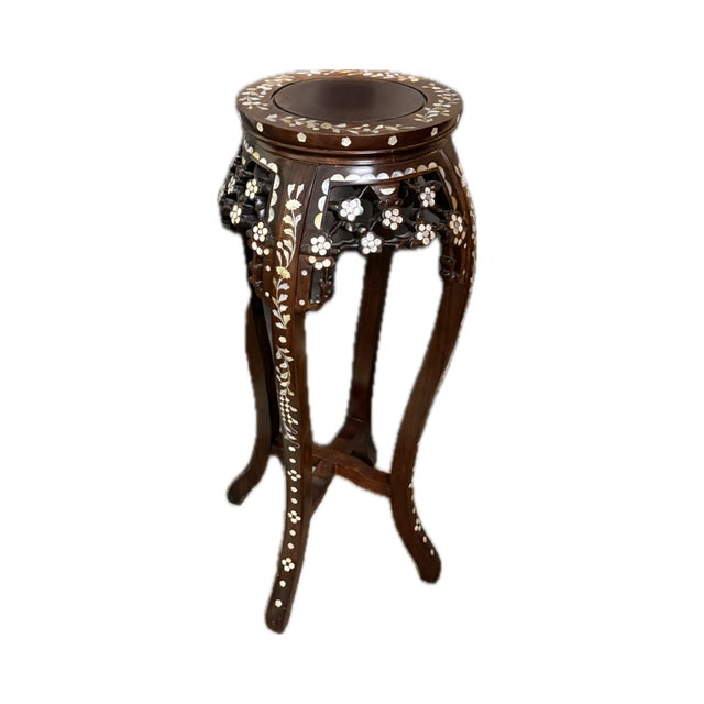 Asian Late 20th Century Chinese Rosewood Plant Stand With Mother-of-Pearl Floral Detail For Sale - Image 3 of 8
