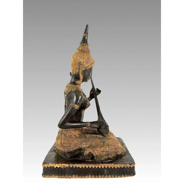 Mid 20th Century Vintage Thai Bronze and Gilt Female Figure or Statue, the Phin Musician Statue Sculpture For Sale - Image 5 of 12
