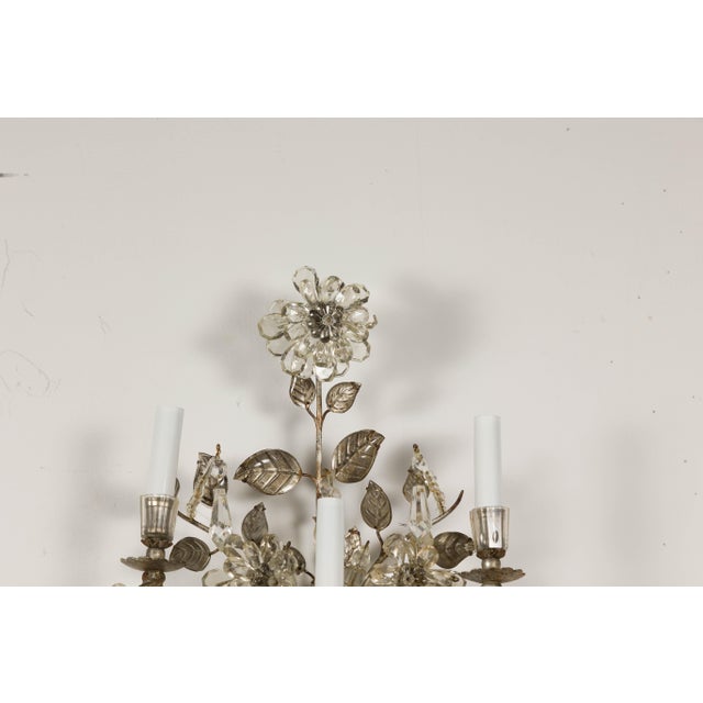 1940s Maison Baguès Crystal Three-Arm Sconces with Floral Motifs, US Wired For Sale In Atlanta - Image 6 of 12