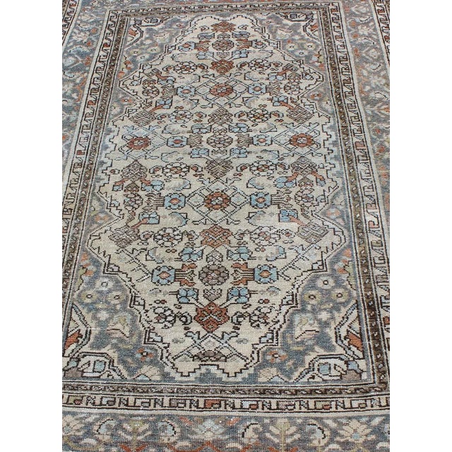 1920s Antique Persian Malayer Rug With Soft Blue, Ivory, and Brown Geometric Medallion Design For Sale - Image 5 of 12