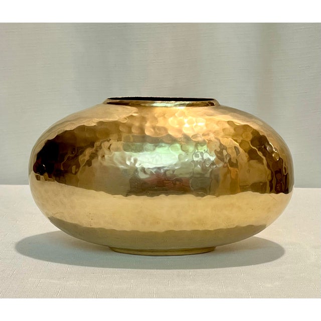 Chic Vintage Oval Polished Brass Hammered Vase Bowl For Sale - Image 4 of 6