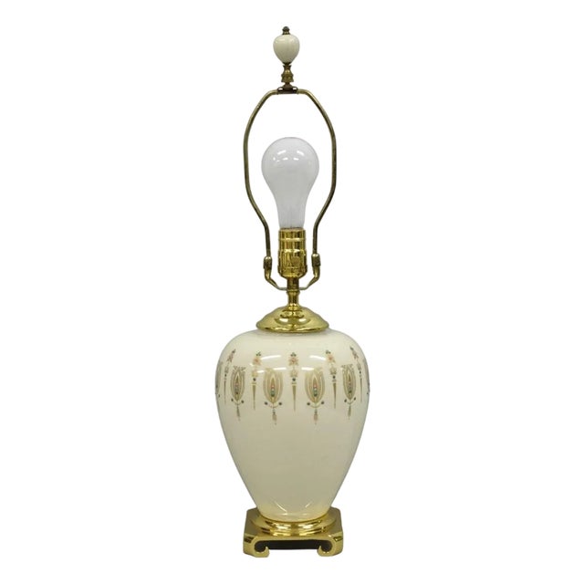 Vintage Lenox Porcelain and Brass Cream Jardinierie Decorated Table Lamp For Sale