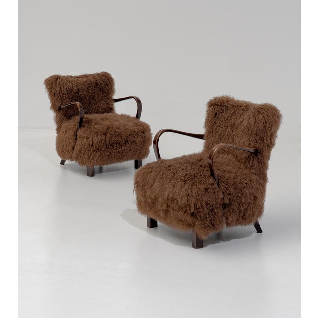 Mid-Century Modern Art Deco Scandinavian Armchairs in Curly Caramel Brown Mongolian Sheepskin, 1950s, Set of 2 For Sale - Image 3 of 11