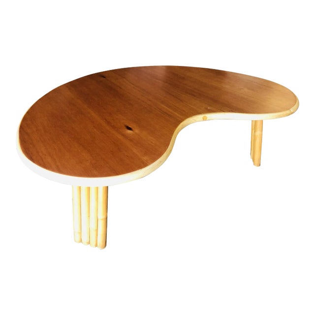 Restored Biomorphic Rattan & Mahogany Coffee Table W/ Tri Stacked Legs For Sale